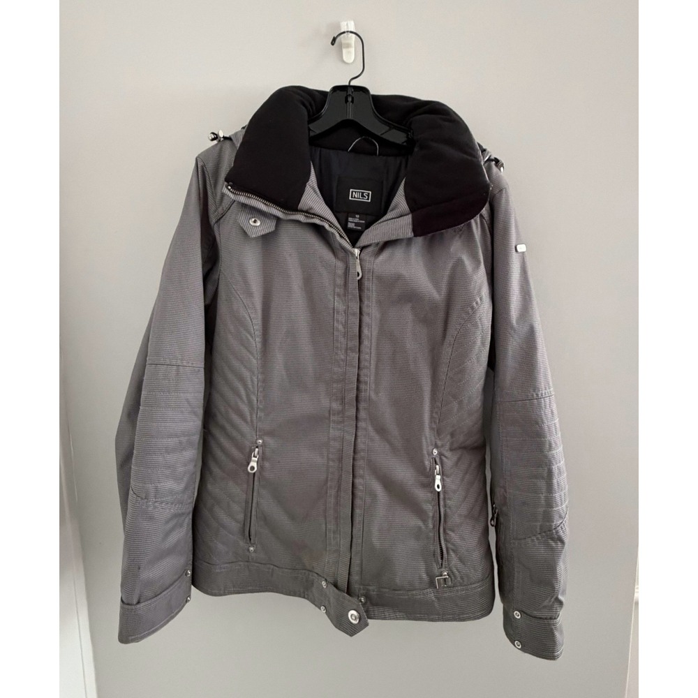 NILS Grey Houndstooth Ski Jacket Hooded Insulated Winter Coat 10 Multi Pocket